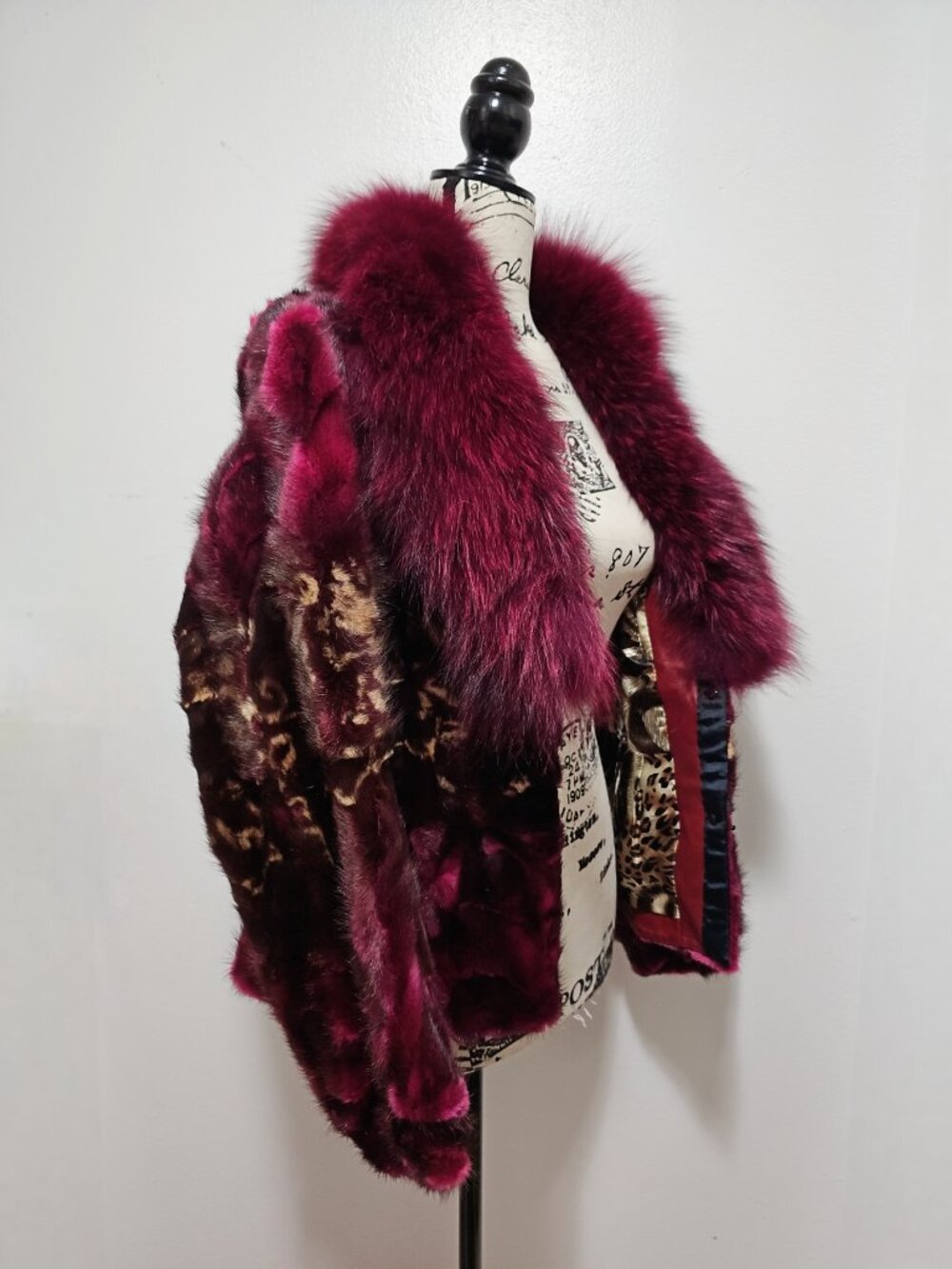 NewReal Mink Fur Coat Striped Mosaic Pieced Wine Red Burgundy Magenta Plum Fox - Picture 4 of 5